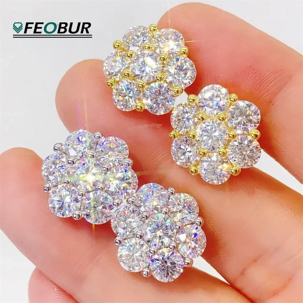 7CT 5Mm Flower Full Moissanite Stud Earrings for Women 925 Sterling Silver Diamond Cluster Earring Wedding Jewelry Gift