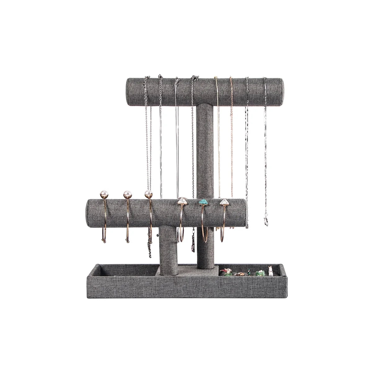 2 Tier Bracelet Holder, Detachable T Bar Jewelry Organizer Display Stand for Necklace Bangle Watches(Gray Linen)