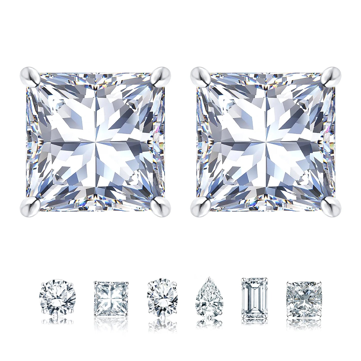 2 Carat Princess Cut Moissanite 4 Prong Solitaire Stud Earrings in 18K White Gold Plating over Silver