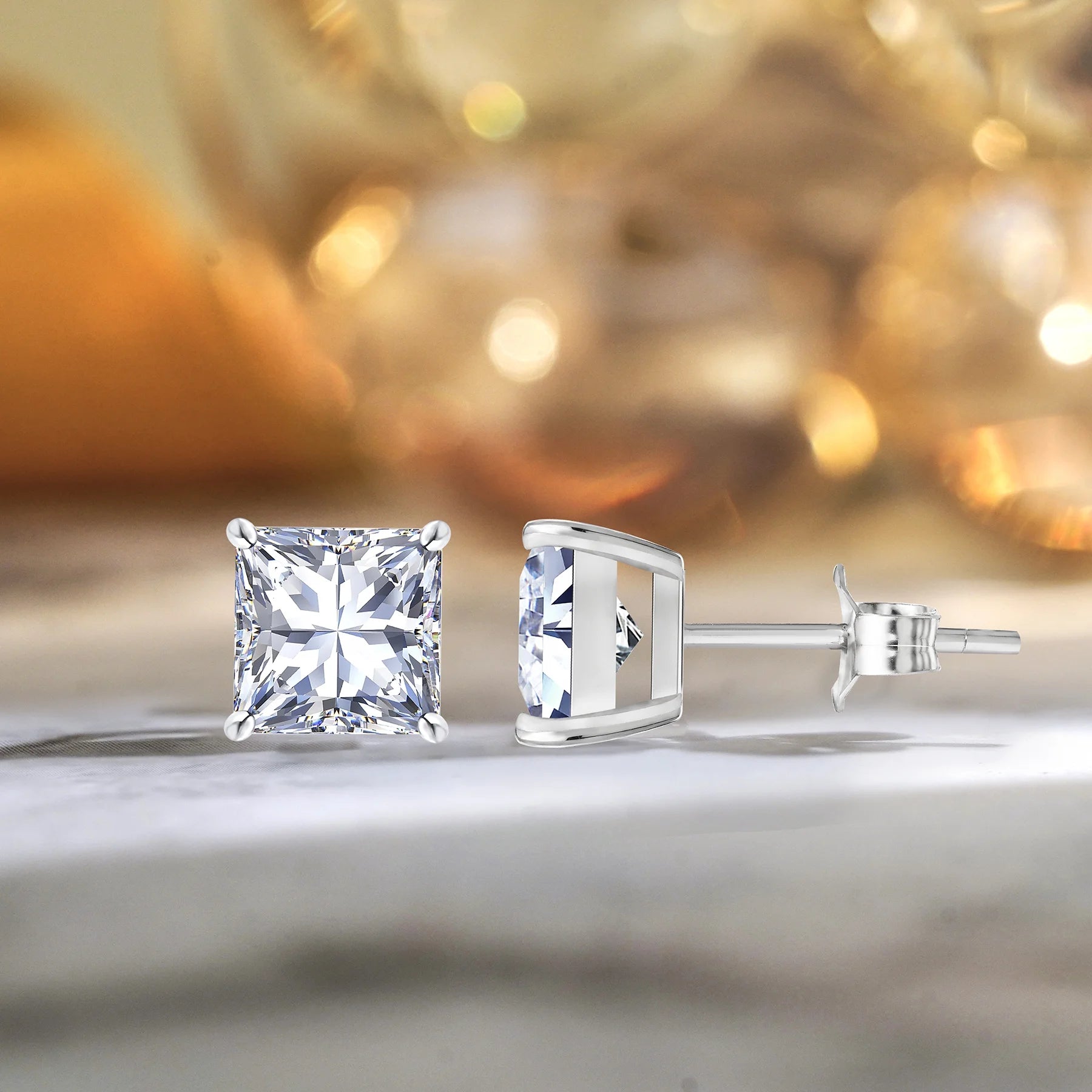 2 Carat Princess Cut Moissanite 4 Prong Solitaire Stud Earrings in 18K White Gold Plating over Silver