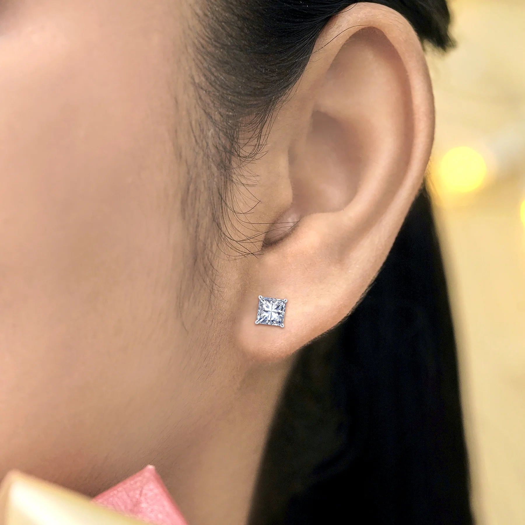 2 Carat Princess Cut Moissanite 4 Prong Solitaire Stud Earrings in 18K White Gold Plating over Silver