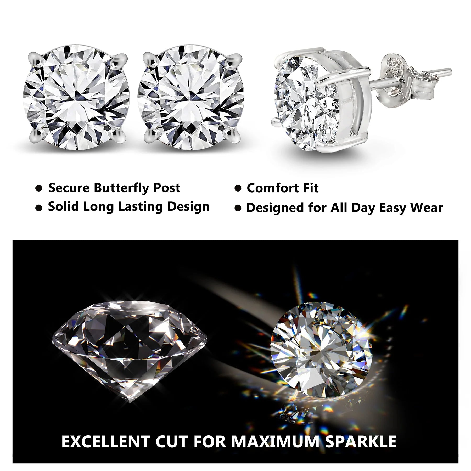 2 Carat Princess Cut Moissanite 4 Prong Solitaire Stud Earrings in 18K White Gold Plating over Silver