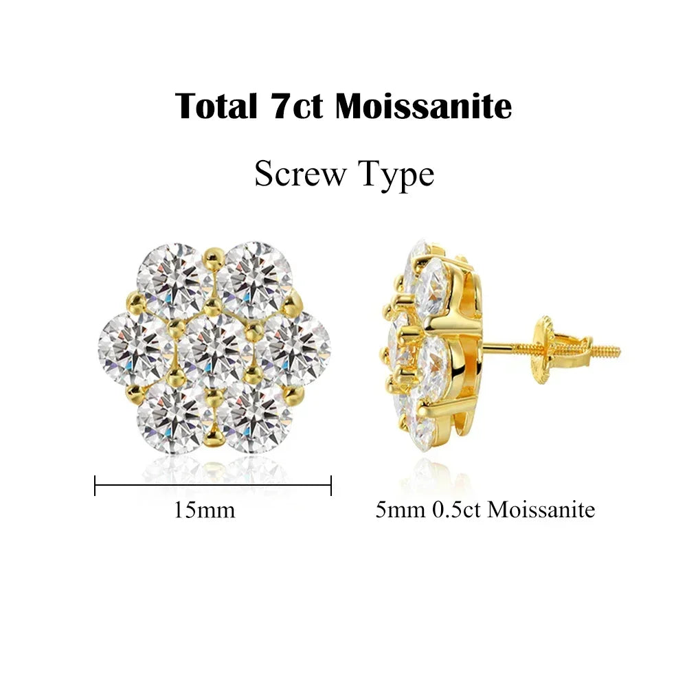 7CT 5Mm Flower Full Moissanite Stud Earrings for Women 925 Sterling Silver Diamond Cluster Earring Wedding Jewelry Gift