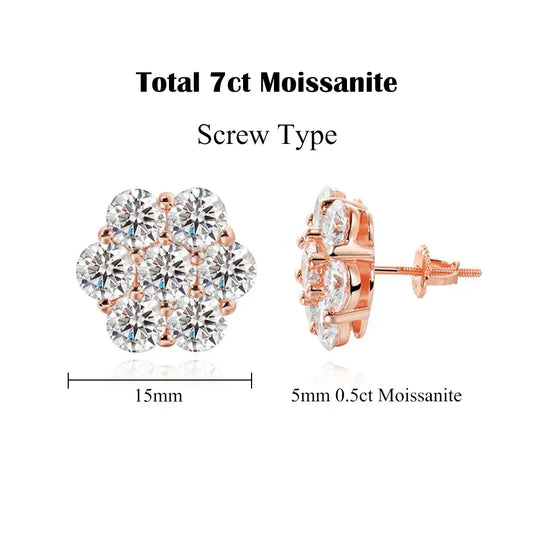 7CT 5Mm Flower Full Moissanite Stud Earrings for Women 925 Sterling Silver Diamond Cluster Earring Wedding Jewelry Gift