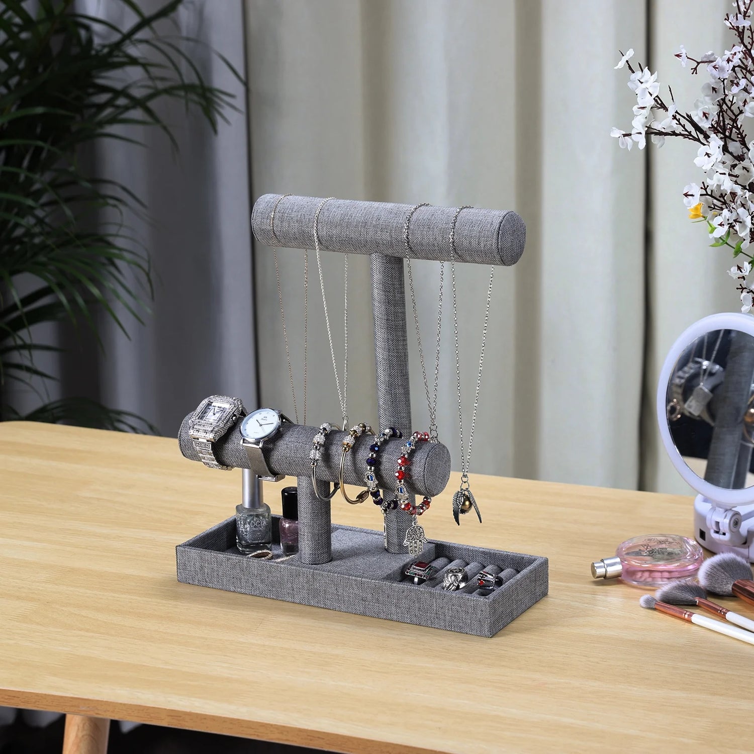 2 Tier Bracelet Holder, Detachable T Bar Jewelry Organizer Display Stand for Necklace Bangle Watches(Gray Linen)