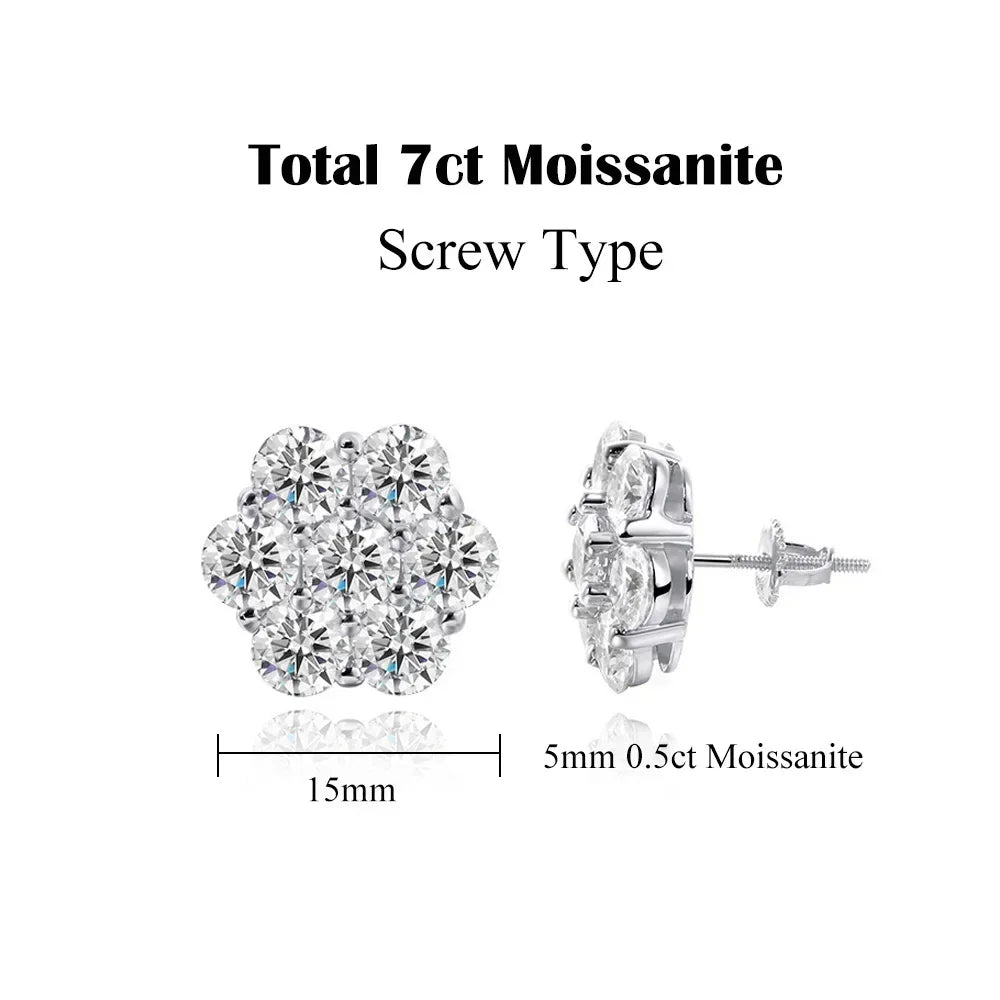 7CT 5Mm Flower Full Moissanite Stud Earrings for Women 925 Sterling Silver Diamond Cluster Earring Wedding Jewelry Gift