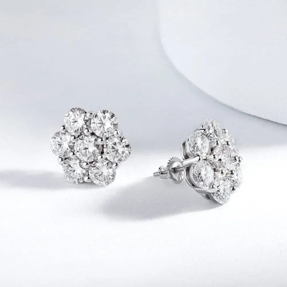 7CT 5Mm Flower Full Moissanite Stud Earrings for Women 925 Sterling Silver Diamond Cluster Earring Wedding Jewelry Gift