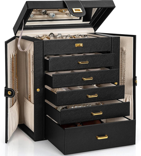 Huge Jewelry Box Organizer Functional Lockable, Large Leather Jewelry Storage Case for Women Girls Ring Necklace Earring Bracelet Holder Organizer with Mirror