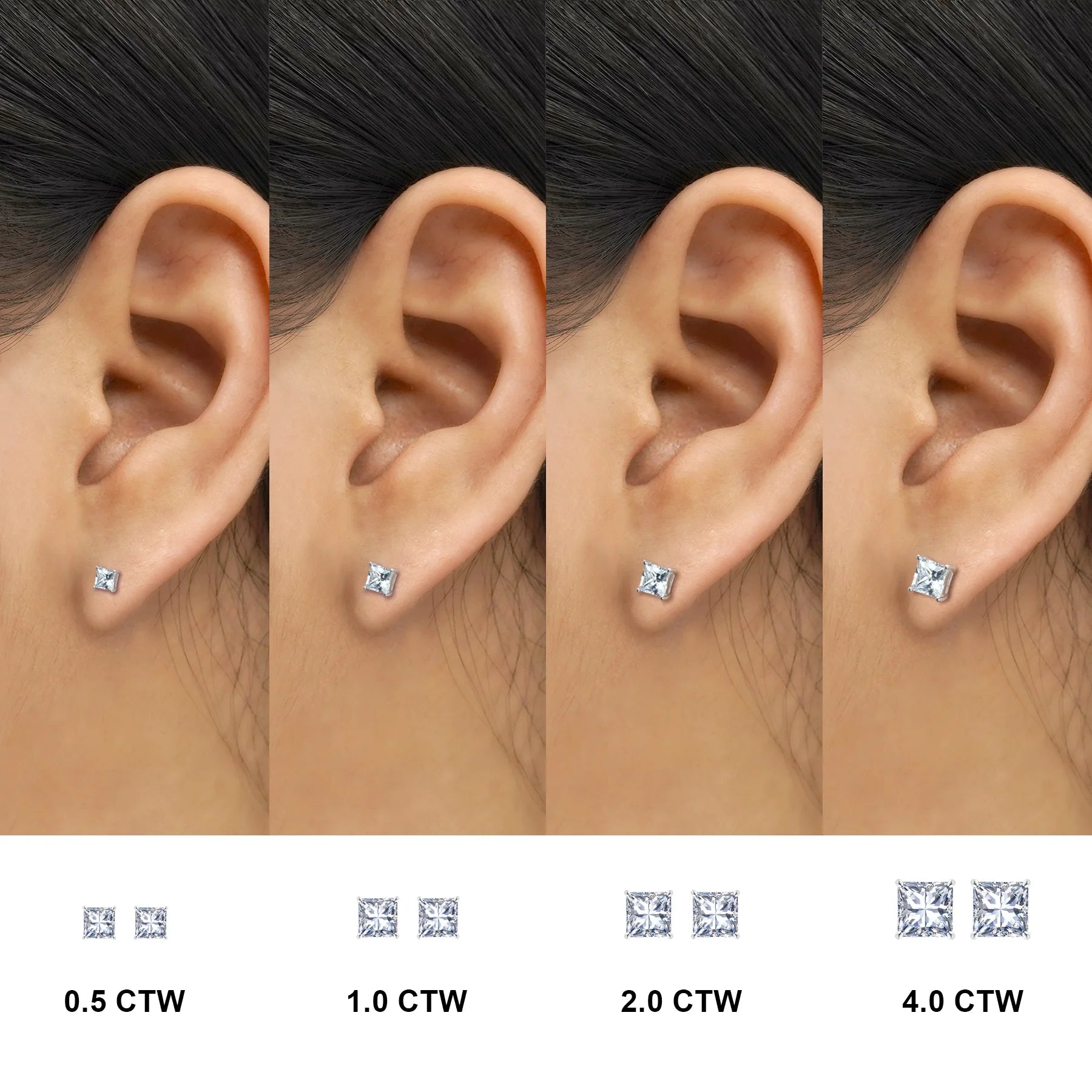2 Carat Princess Cut Moissanite 4 Prong Solitaire Stud Earrings in 18K White Gold Plating over Silver