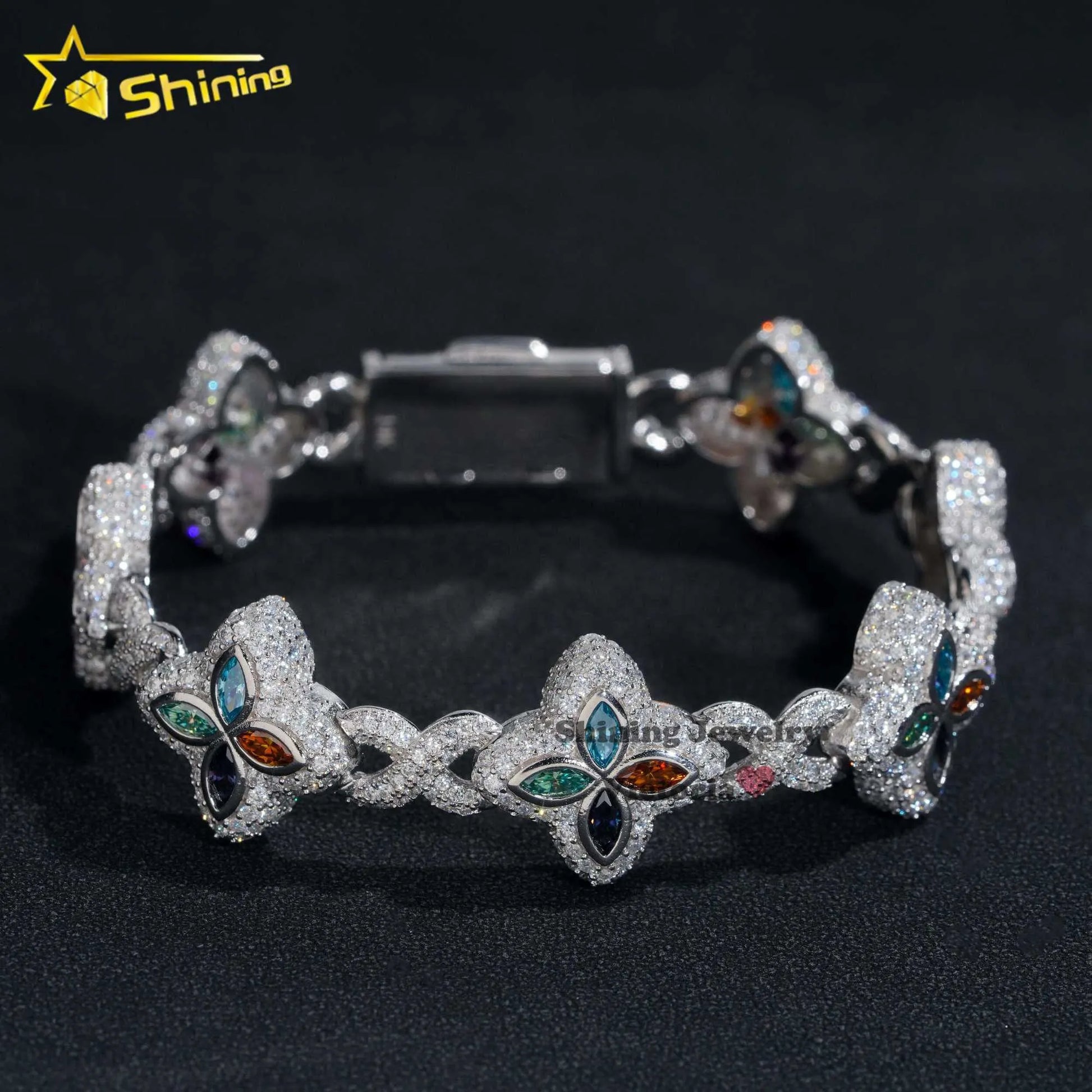 New Arrival Trendy Rapper Jewelry Iced Out 925 Silver Plated Moissanite Clover 18MM Infinity Link Cuban Bracelet Men