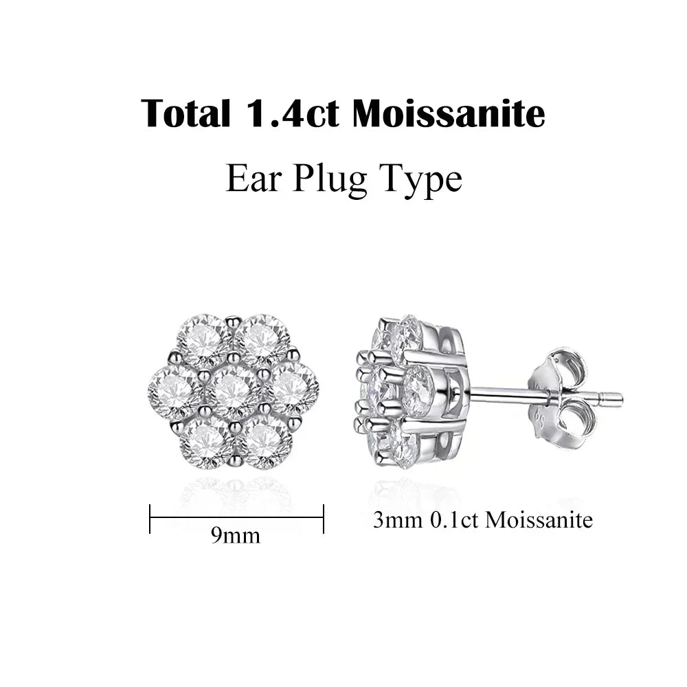 7CT 5Mm Flower Full Moissanite Stud Earrings for Women 925 Sterling Silver Diamond Cluster Earring Wedding Jewelry Gift