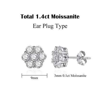 7CT 5Mm Flower Full Moissanite Stud Earrings for Women 925 Sterling Silver Diamond Cluster Earring Wedding Jewelry Gift