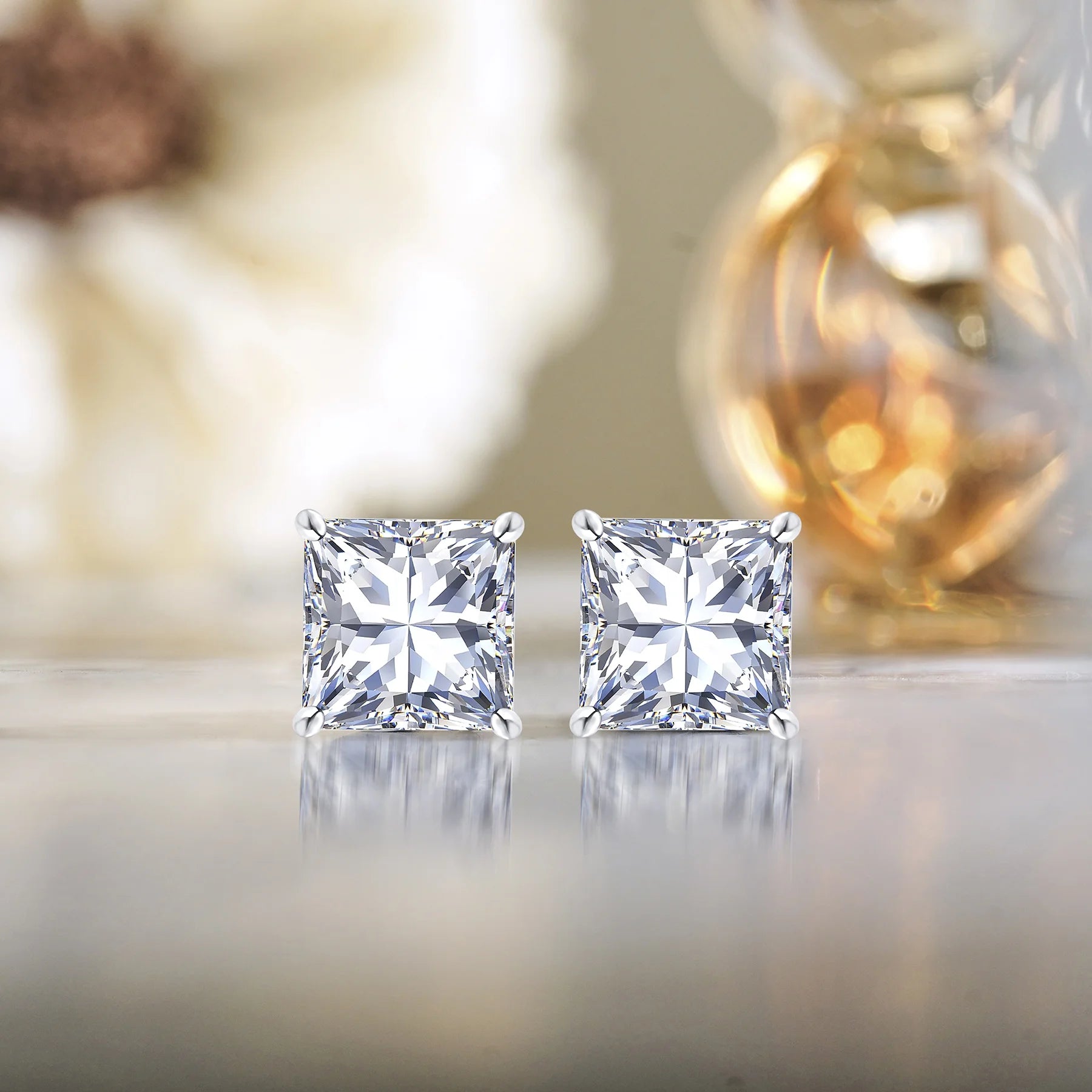 2 Carat Princess Cut Moissanite 4 Prong Solitaire Stud Earrings in 18K White Gold Plating over Silver