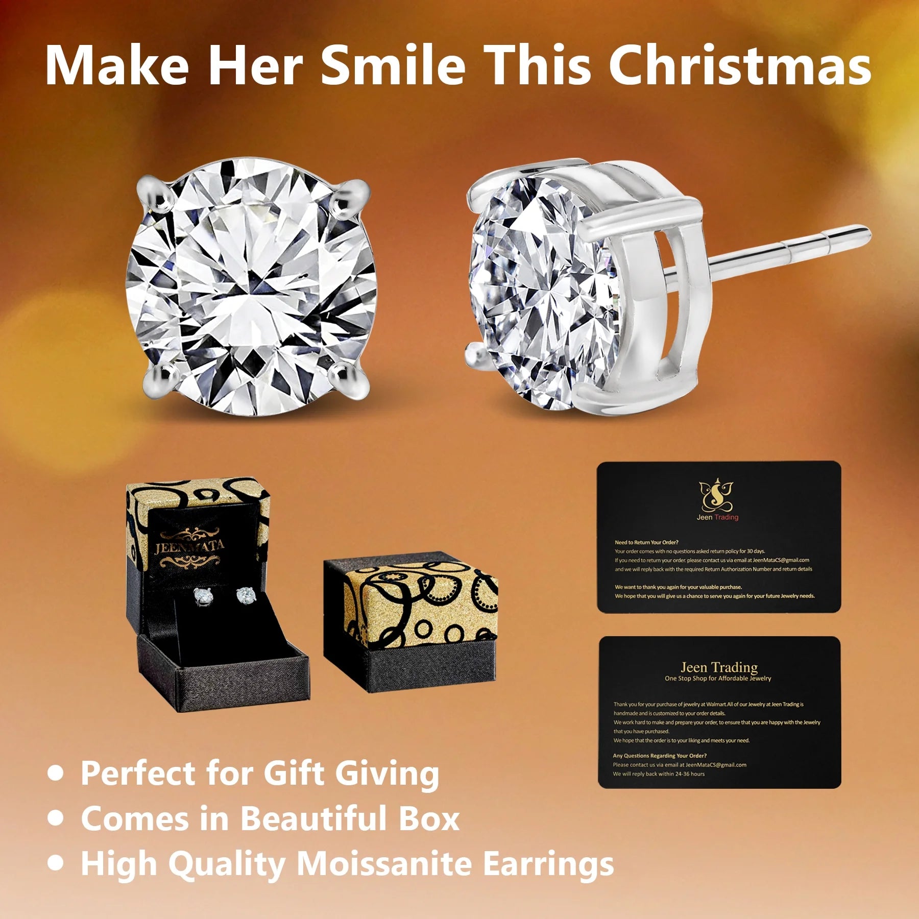 2 Carat Princess Cut Moissanite 4 Prong Solitaire Stud Earrings in 18K White Gold Plating over Silver