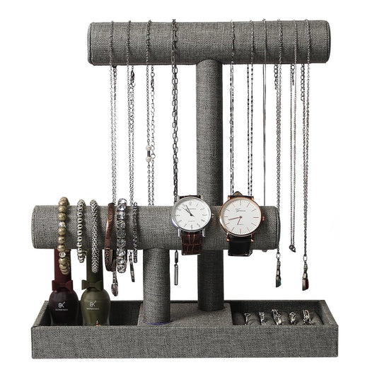 2 Tier Bracelet Holder, Detachable T Bar Jewelry Organizer Display Stand for Necklace Bangle Watches(Gray Linen)