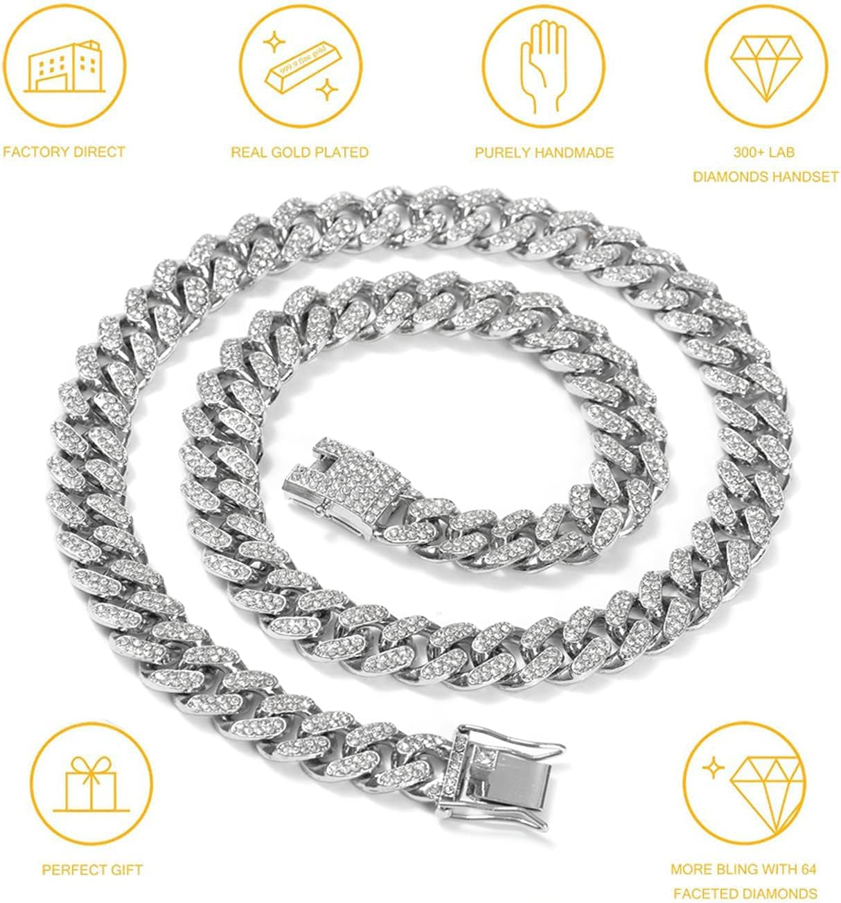 HUITIAN Women Mens Cuban Link Chain Gold Silver Bling Miami Cuban Necklace Diamond Chain for Men Iced-Out Hip Hop Jewelry