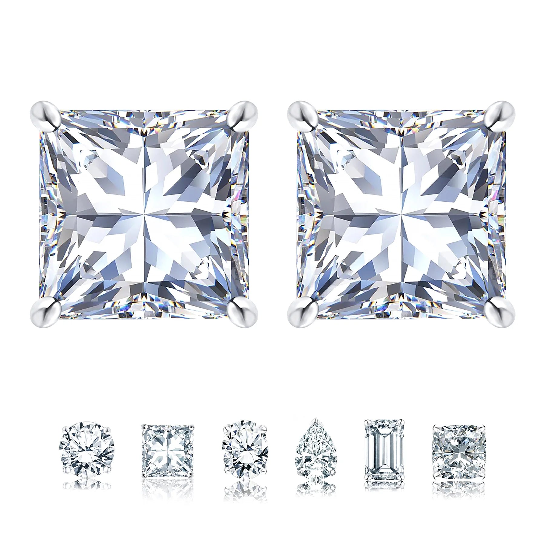 2 Carat Princess Cut Moissanite 4 Prong Solitaire Stud Earrings in 18K White Gold Plating over Silver