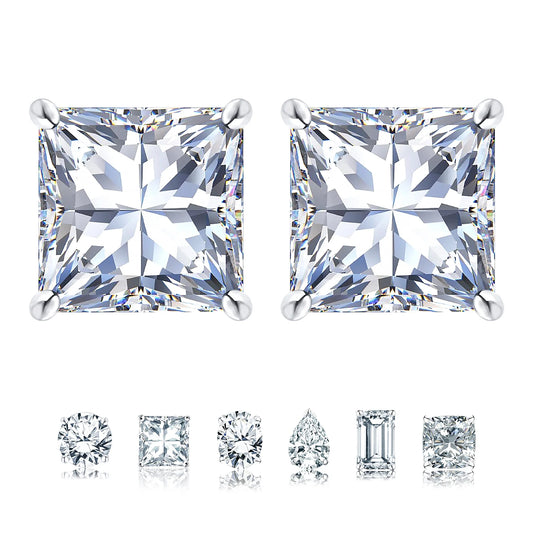 2 Carat Princess Cut Moissanite 4 Prong Solitaire Stud Earrings in 18K White Gold Plating over Silver