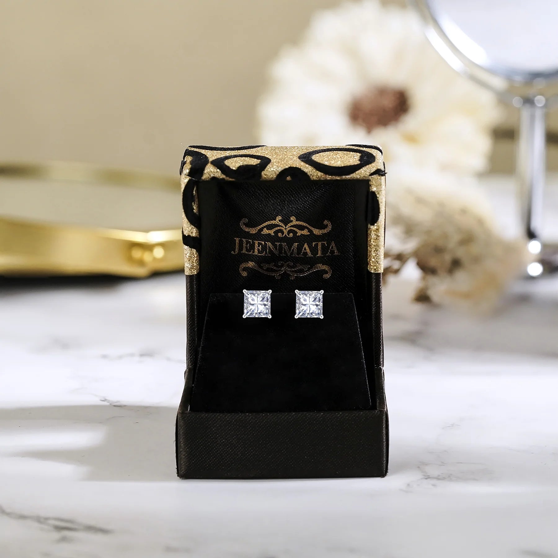 2 Carat Princess Cut Moissanite 4 Prong Solitaire Stud Earrings in 18K White Gold Plating over Silver