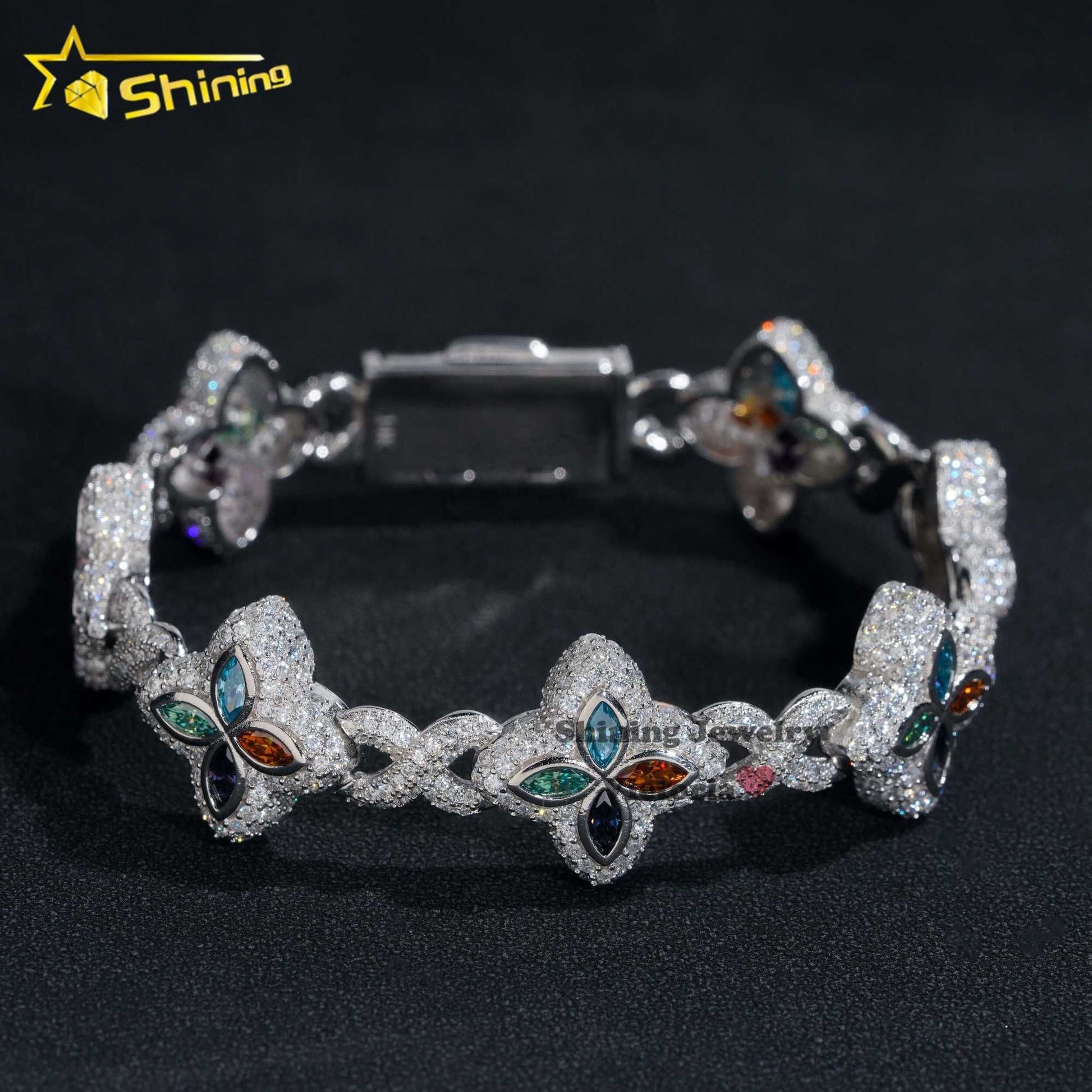 New Arrival Trendy Rapper Jewelry Iced Out 925 Silver Plated Moissanite Clover 18MM Infinity Link Cuban Bracelet Men
