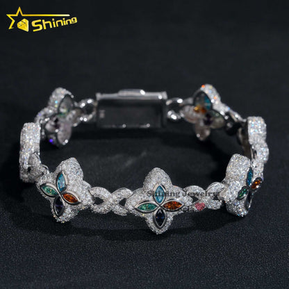 New Arrival Trendy Rapper Jewelry Iced Out 925 Silver Plated Moissanite Clover 18MM Infinity Link Cuban Bracelet Men
